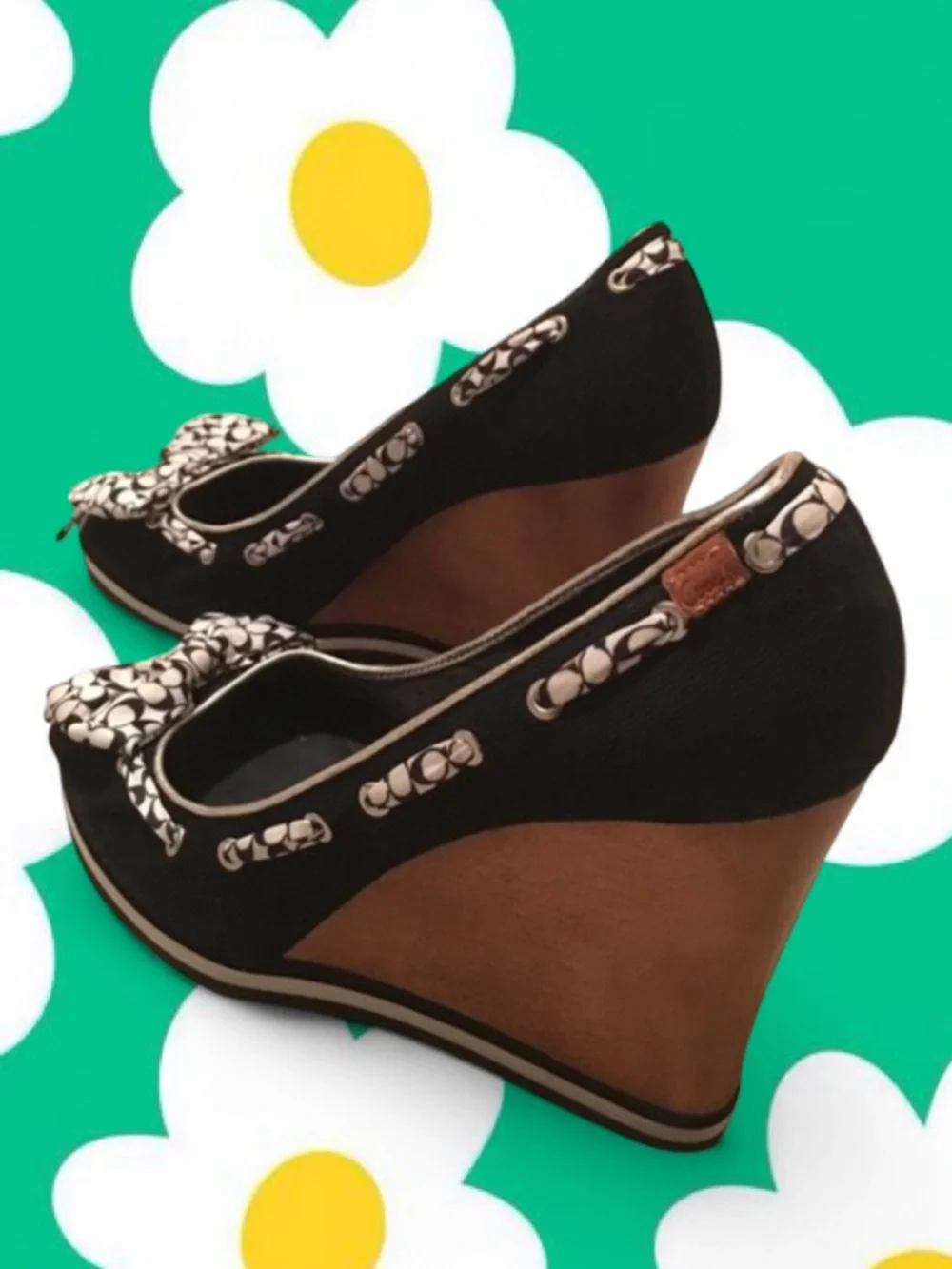 Coach Thalia Wood Platform Wedge Peep-Toe Pumps with Bow 10 - Picture 2 of 4